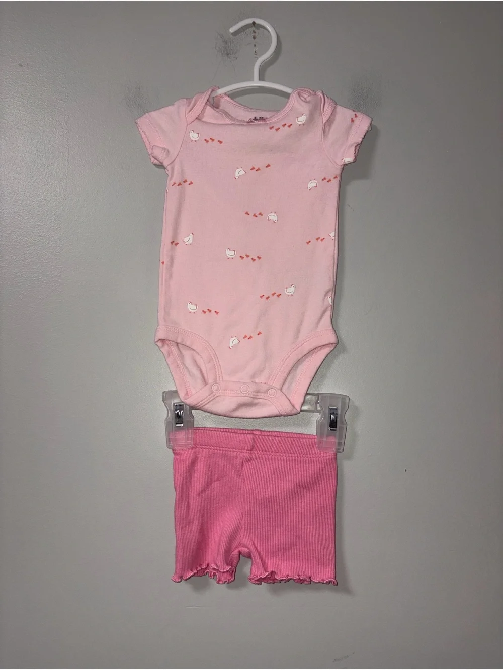 Carters Pink Chickens Print Body Suit Garanimals Pink Ribbed Shorts 3-6M